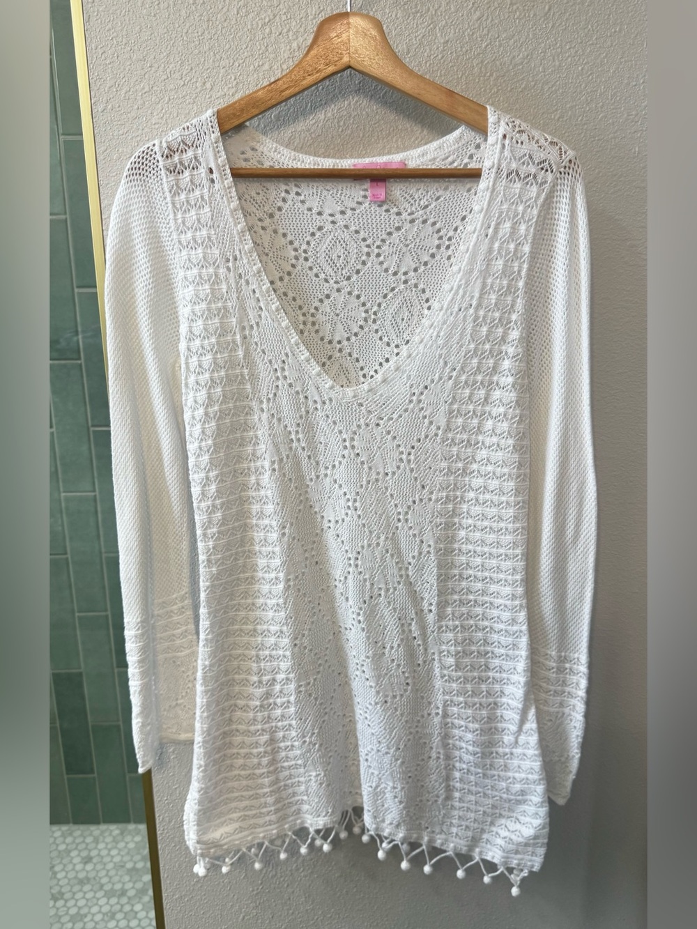 Lilly Pulitzer Athena L White Boho
Crochet Swim Cover Up Dress Pom Pom